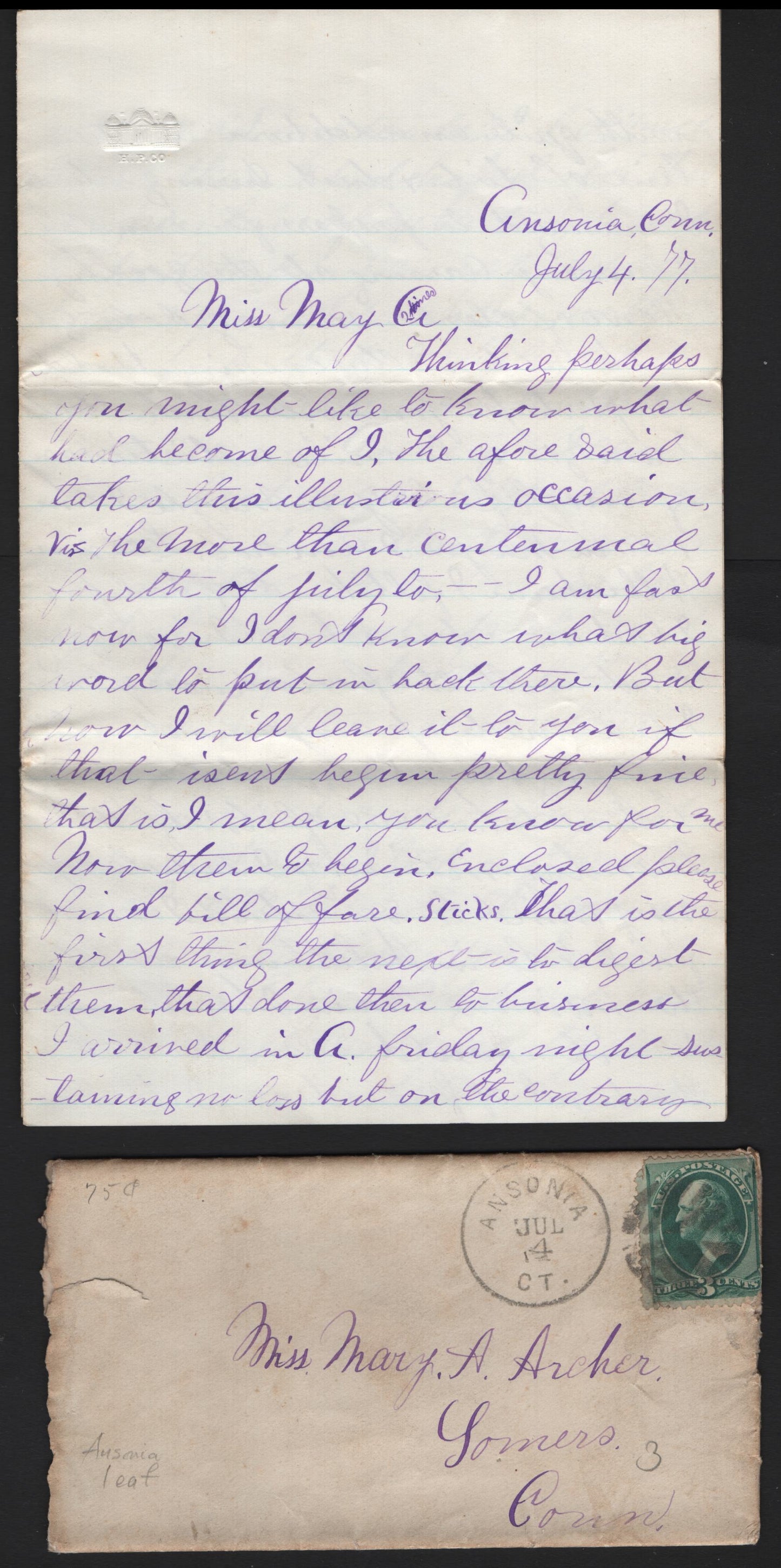 Lot 56 United States SC#158 3c Green , 1870-1871 Large Banknote Issue, A Fine Used Cover, Tied By Green Ansonia CT Leaf Fancy Cancel To Cover Containing Complete July 4 1877, Very Readable Letter Describing A Man's Trip Around The Surrounding Area