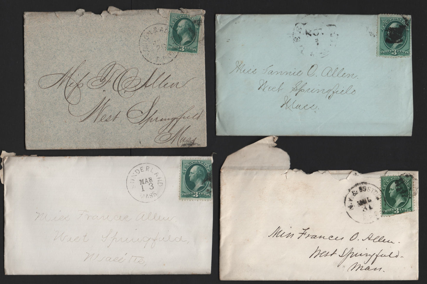 Lot 57 United States SC#158 3c Green , 1870-1871 Large Banknote Issue, 4 Very Good/Fine Used Covers, Letters From The Allen Correspondence. All Are To Francine Allen From The Various People Other Than Cousin Frank