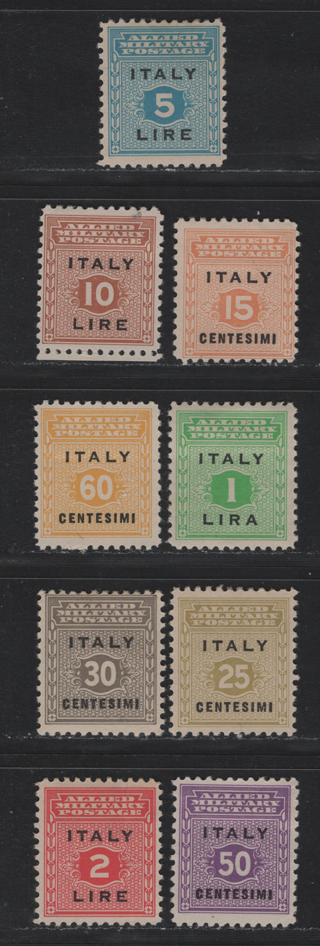Lot 6 Italy Scott#1N1-1N9 15c - 10l Pale Orange - Buff , 1943 Allied Military Gov't Issue, 9 F/VFOG Singles