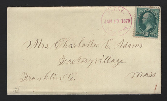 Lot 61 United States SC#158 3c Green , 1870-1871 Large Banknote Issue, A Very Fine Used Cover, Continental Printing On 1879 Cover From Barre, Mass, Showing Clear Violet CDS Cancel With light Purple Target