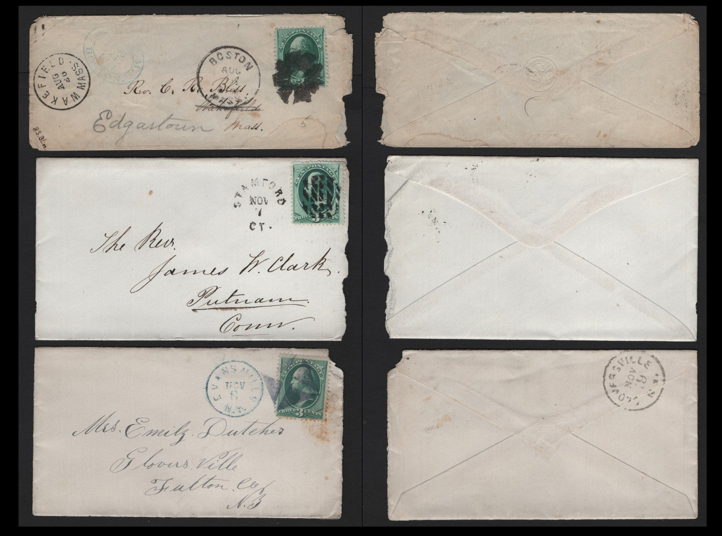 Lot 62 United States SC#158 3c Green , 1870-1871 Large Banknote Issue, 3 Very Good/Fine Used Covers, Continental Printings, Showing More Interesting Geometric Fancy Duplex Cancels