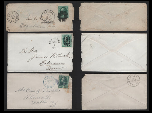 Lot 62 United States SC#158 3c Green , 1870-1871 Large Banknote Issue, 3 Very Good/Fine Used Covers, Continental Printings, Showing More Interesting Geometric Fancy Duplex Cancels