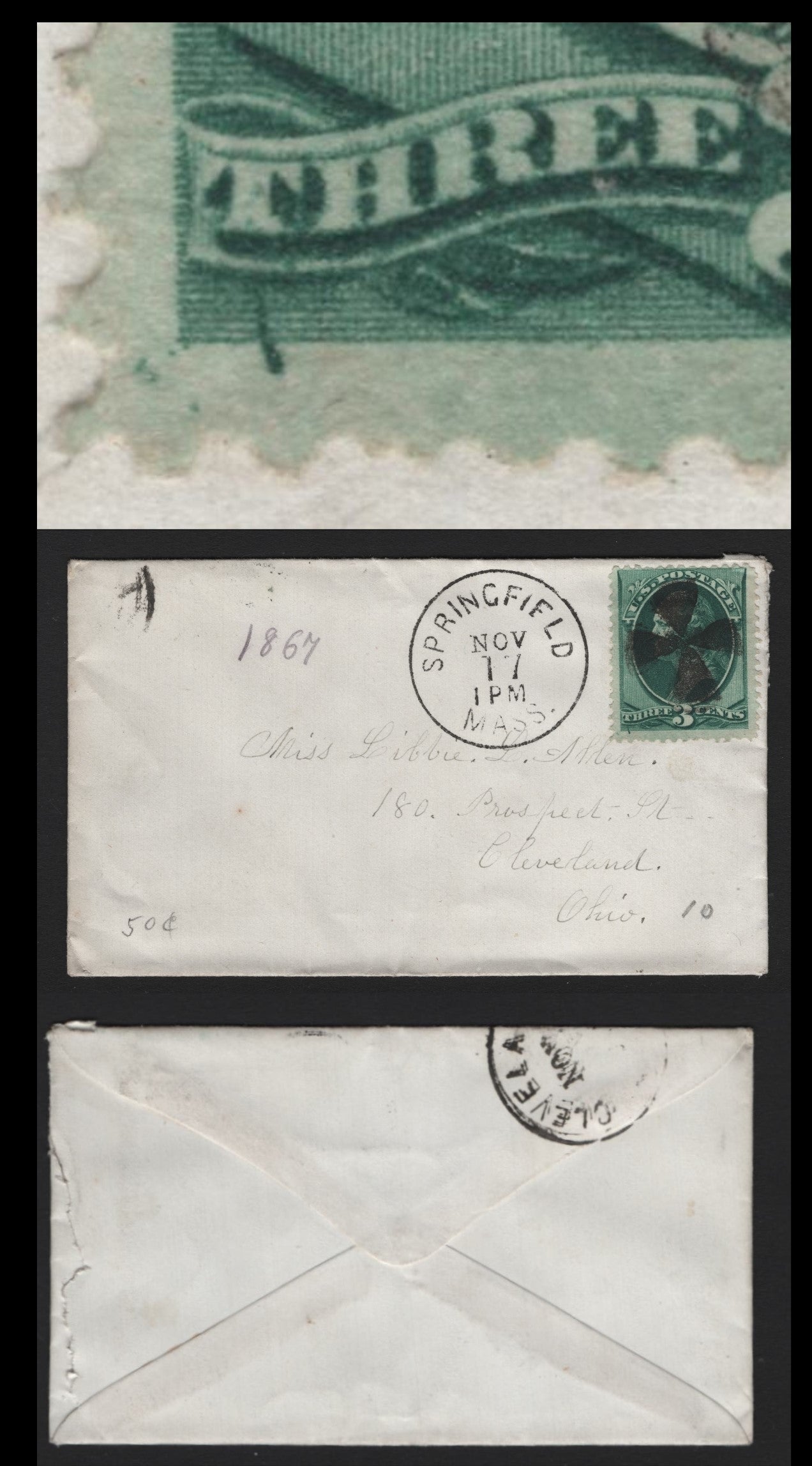 Lot 63 United States SC#158 3c Green , 1870-1871 Large Banknote Issue, A Very Fine Used Cover, Continental Printing, Tied To A Small Cover From Springfield, Mass, By Wedge Circle Duplex Cancel, Stamp Shows A Large Burr In The Design At LL Below T.