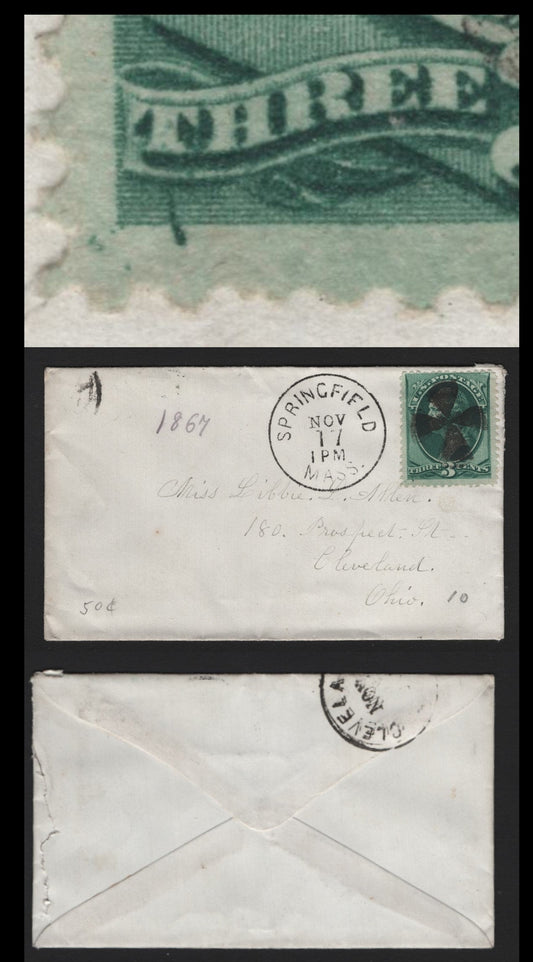 Lot 63 United States SC#158 3c Green , 1870-1871 Large Banknote Issue, A Very Fine Used Cover, Continental Printing, Tied To A Small Cover From Springfield, Mass, By Wedge Circle Duplex Cancel, Stamp Shows A Large Burr In The Design At LL Below T.