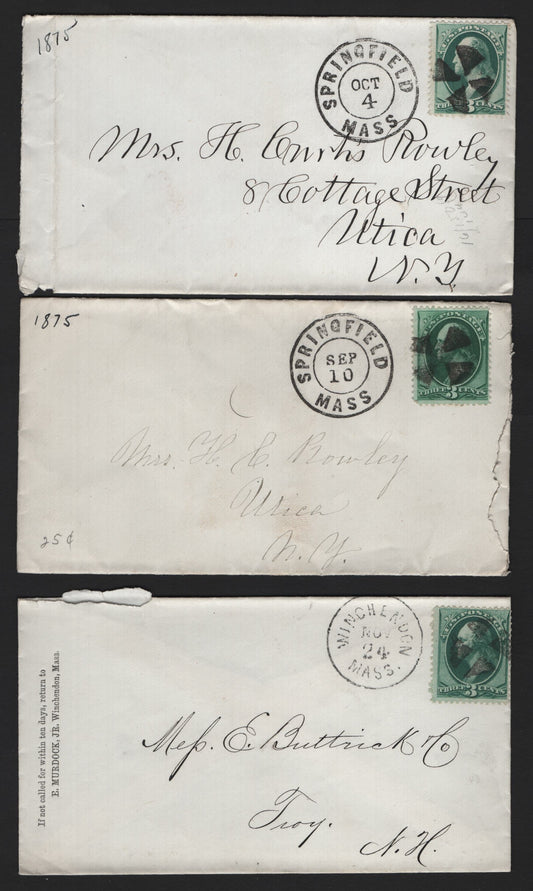 Lot 64 United States SC#158 3c Green , 1870-1871 Large Banknote Issue, 3 Very Fine Used Covers, Continental Printings, Springfield, Mass & Winchenden, Mass, Showing Segmented Cork Duplex Cancels.