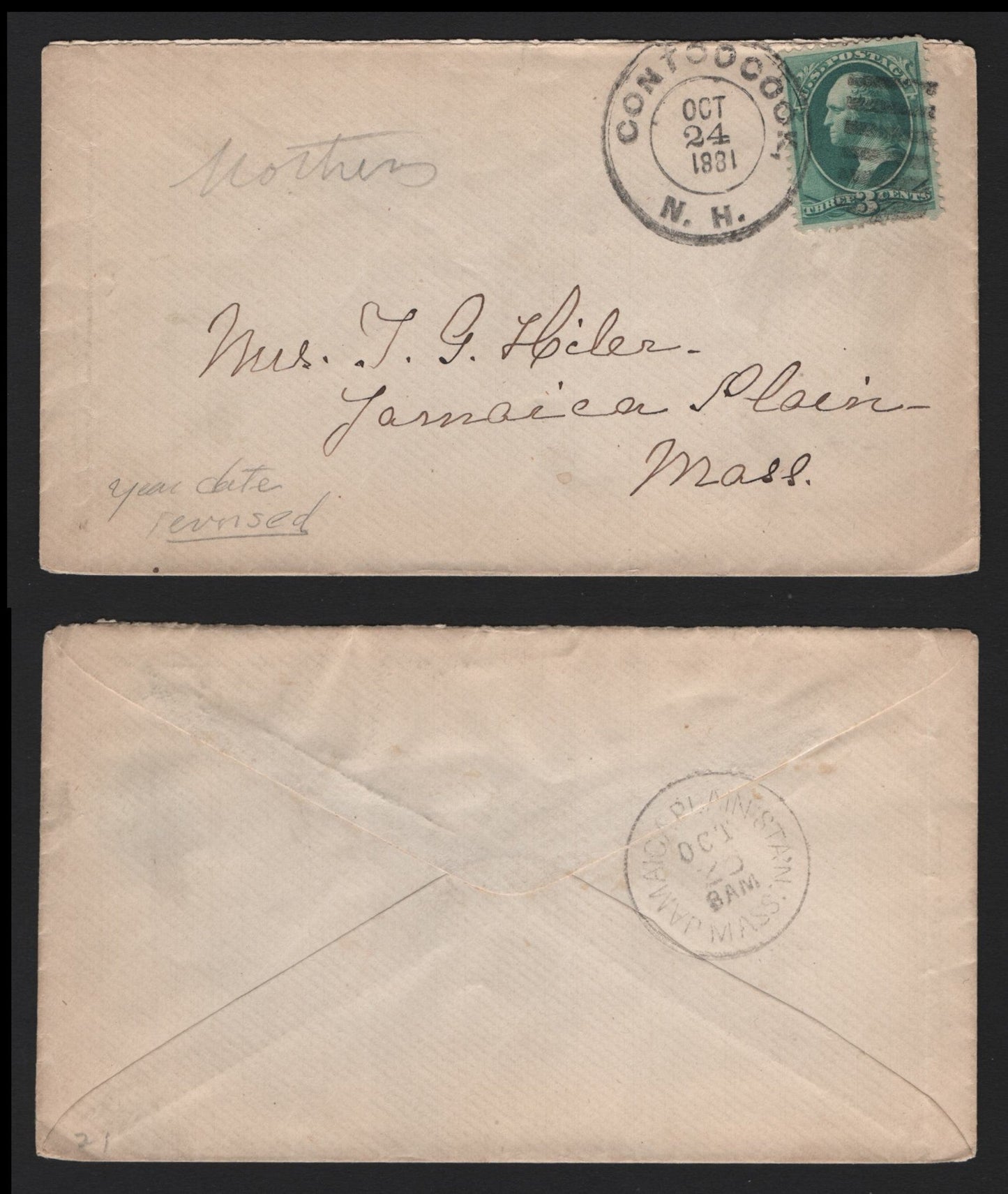 Lot 70 United States SC#184 3c Green , 1879 American Banknote Printing Issue, A Very Fine Used Cover, Contoocook, NH To Jamaica Plain, Mass, Showing 1881 Date Indicta Inverted