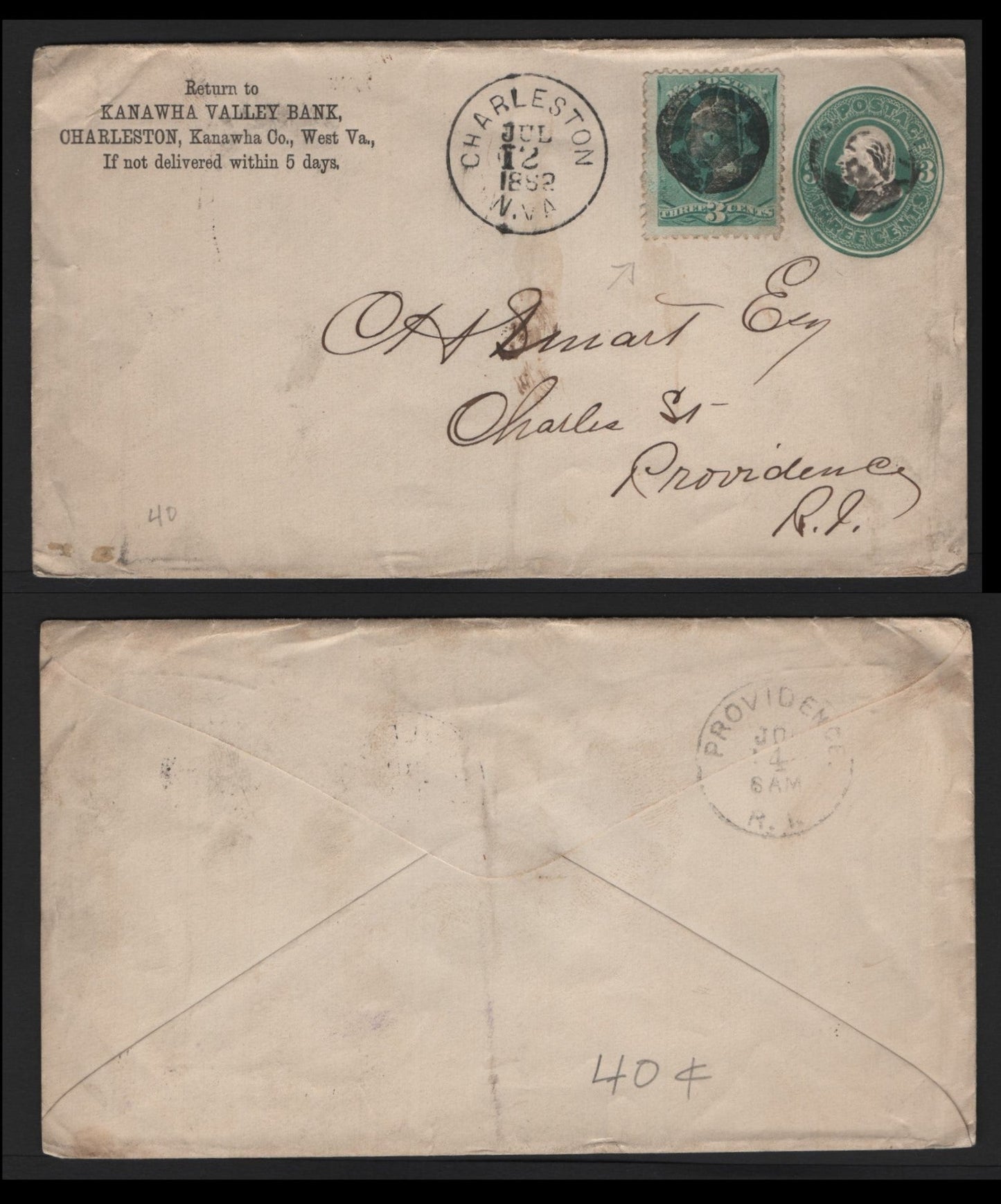 Lot 75 United States SC#U163, 207 3c Blue Green , 1881-1882 American Banknote Printing - Plimpton Issues, A Fine Used Cover, Kanawha Valley Bank Corner Card, Cancelled By Negative Cogwheel Duplex Cancel From Charleston West Virginia