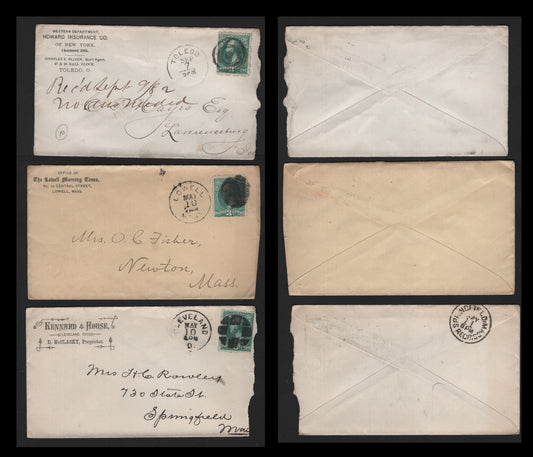 Lot 78 United States SC#207 3c Blue Green , 1881-1882 American Banknote Printing Issue, 3 Very Fine Used Covers, Re-Engraved ABN Printing On Advertising Corner Card Covers For Kenard House, The Lowell Morning Times & Howard Insurance Co