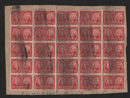 Lot 8 Canada #148 20c Carmine Red , 1927 Historical Issue, A Fine Used Sheet Of 25, Postally Used Half Sheet, From Right Pane, Used On Parcel Fragment To Imperial Bank Of Canada With Typical Parcel Smudge Cancel.