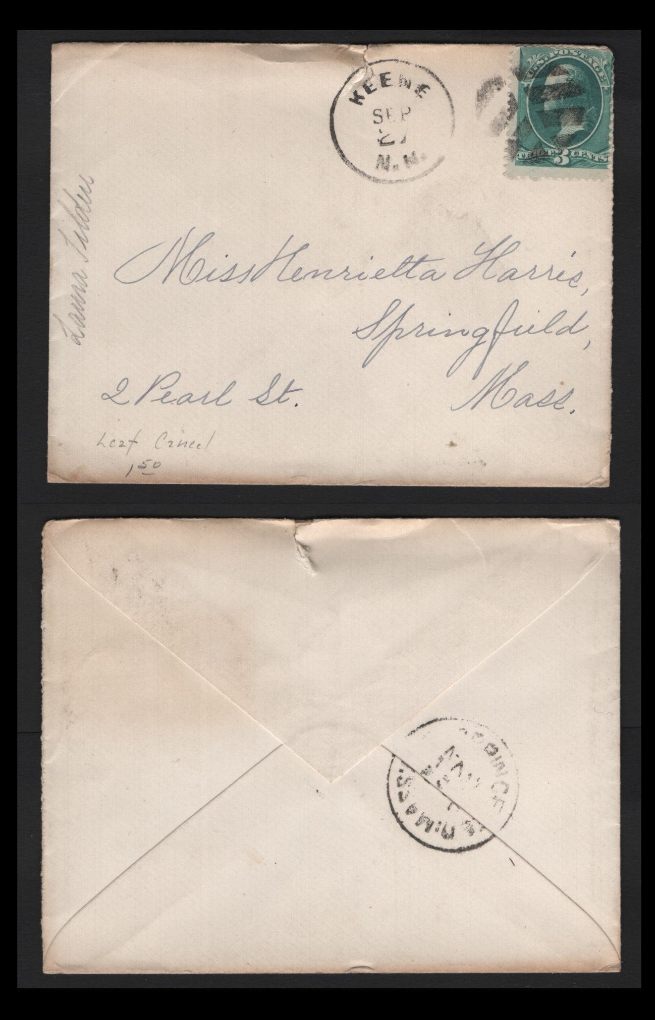 Lot 80 United States SC#207 3c Blue Green , 1881-1882 American Banknote Printing Issue, A Fine Used Cover, Keene NH To Springfield Mass, Stamp Is Tied By A Keene NH Leaf Duplex Cancel, One Edge Tear At Top.