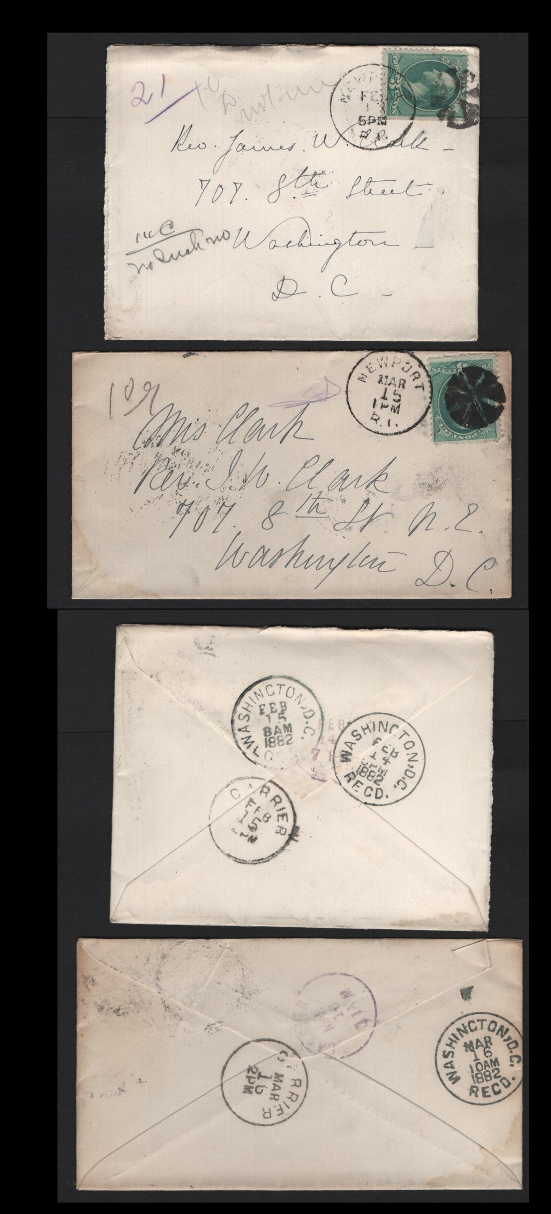 Lot 81 United States SC#207 3c Blue Green , 1881-1882 American Banknote Printing Issue, 2 Very Fine Used Covers, Re-Engraved ABN Printings, Newport RI To Washington DC, Both Stamps Tied By Newport Circle of Wedges Duplex Cancel.
