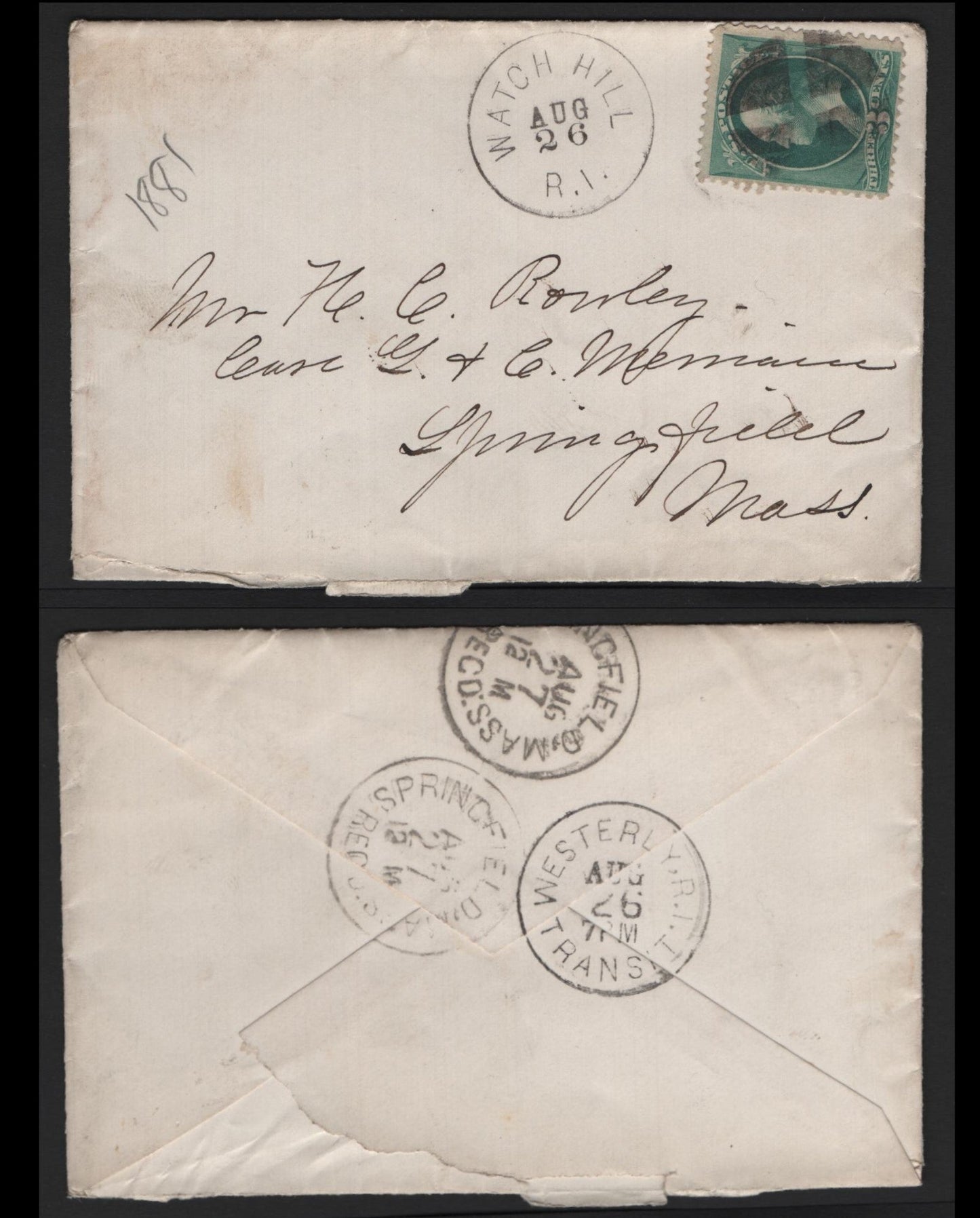 Lot 85 United States SC#207 3c Blue Green , 1881-1882 American Banknote Printing Issue, A Very Fine Used Cover, Watch Hill, RI In 1881 To Springfield, Mass, Stamp Tied By Clear Circle Of Wedges Watch Hill Duplex Cancel