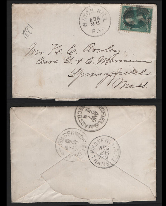 Lot 85 United States SC#207 3c Blue Green , 1881-1882 American Banknote Printing Issue, A Very Fine Used Cover, Watch Hill, RI In 1881 To Springfield, Mass, Stamp Tied By Clear Circle Of Wedges Watch Hill Duplex Cancel