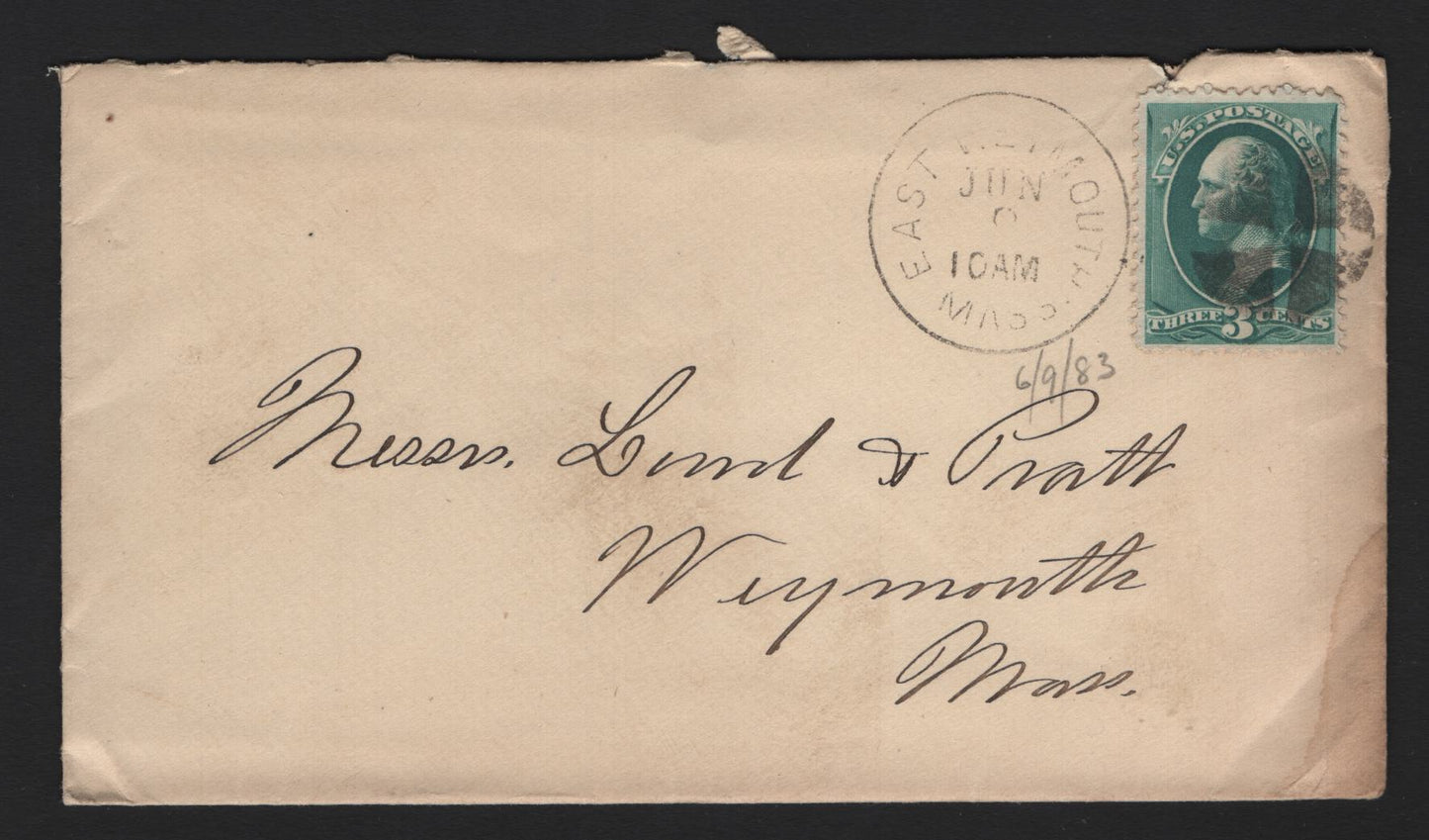 Lot 86 United States SC#207 3c Blue Green , 1881-1882 American Banknote Printing Issue, A Fine Used Cover, Original Letter, September 1883, Stamp Tied By East Weymouth Mass Circle Of Wedges Duplex Cancel.