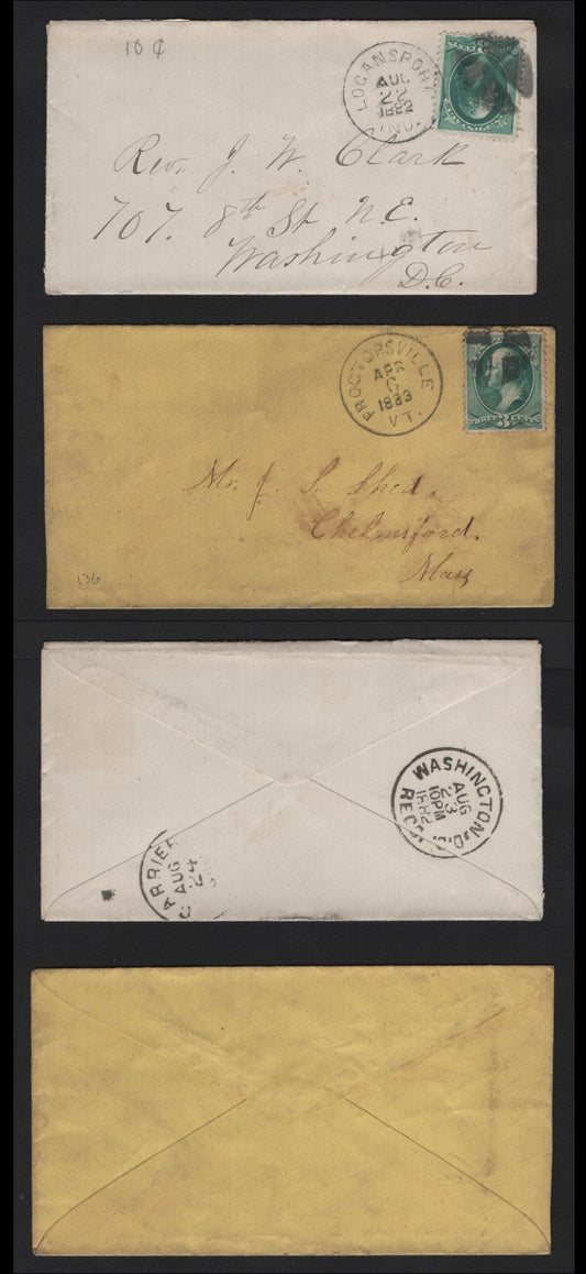 Lot 88 United States SC#207 3c Blue Green , 1881-1882 American Banknote Printing Issue, 2 Fine/Very Fine Used Covers, Re-Engraved 1882 & 1883 Covers, Proctorsville, Vermont To Chelmsford, Mass & Logansport, Indiana To Washington DC
