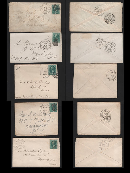Lot 89 United States SC#207 3c Blue Green , 1881-1882 American Banknote Printing Issue, 5 Fine/Very Fine Used Covers, Re-Engraved, Franked With Various Cork Duplexes