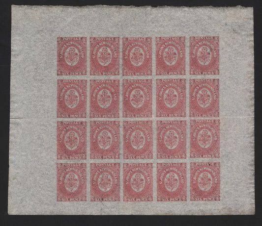Lot 9 Newfoundland (C) #20, 20iii 6d Rose , 1861-1862 Pence Issue, A GEM NH/OG Sheet Of 20, Lightly Folded Horizontally Between Rows 2 & 3, Watermarked Sideways Affecting 9 Stamps In The Sheet, All Stamps NH