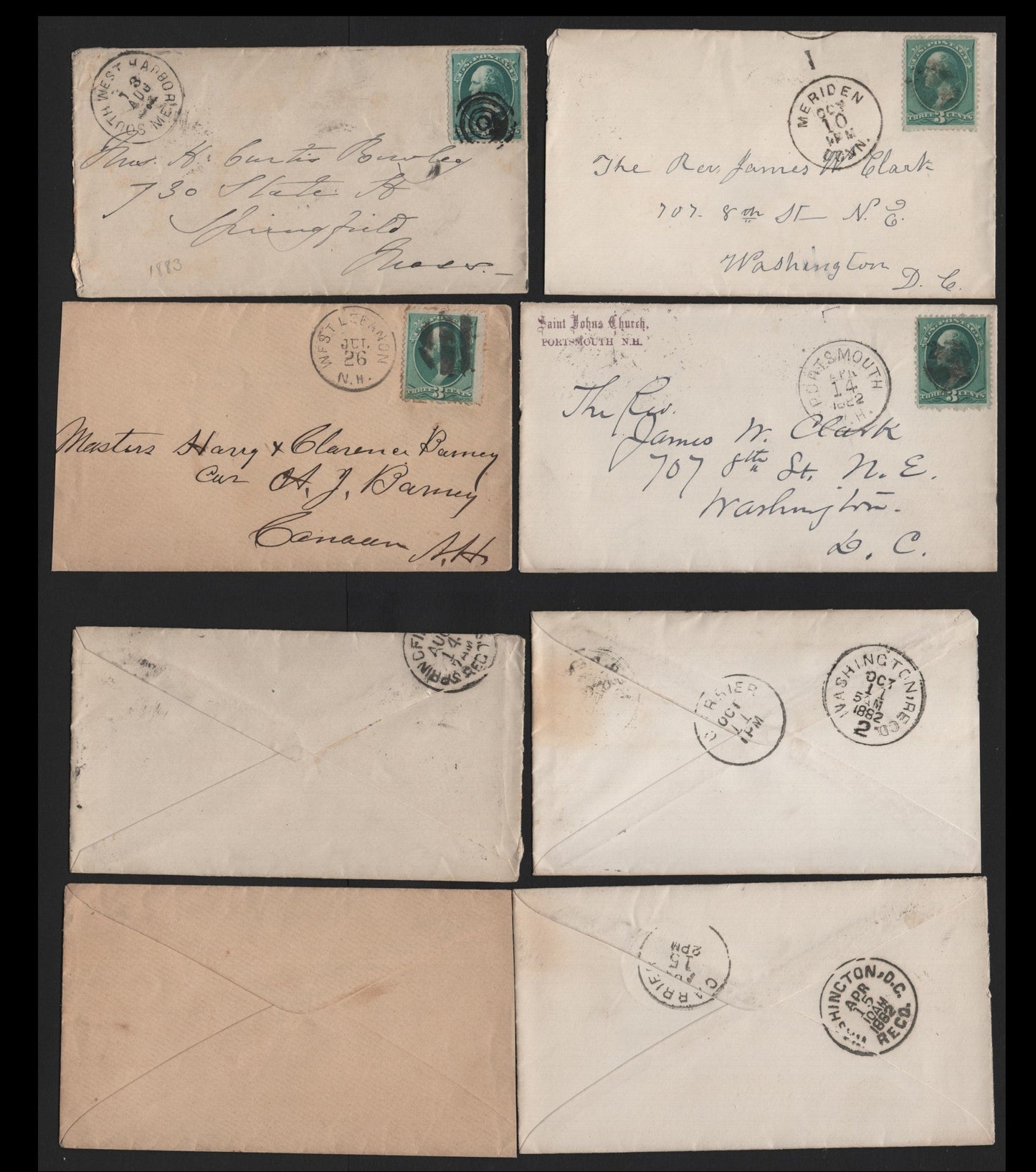 Lot 90 United States SC#207 3c Blue Green , 1881-1882 American Banknote Printing Issue, 4 Fine Used Covers, Mostly to Washington, DC Or Other New England Towns, 1882 or 1883, Duplex Cancels Are Mostly Smudges or Targets, But At Least One Cork.