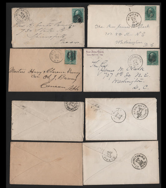 Lot 90 United States SC#207 3c Blue Green , 1881-1882 American Banknote Printing Issue, 4 Fine Used Covers, Mostly to Washington, DC Or Other New England Towns, 1882 or 1883, Duplex Cancels Are Mostly Smudges or Targets, But At Least One Cork.