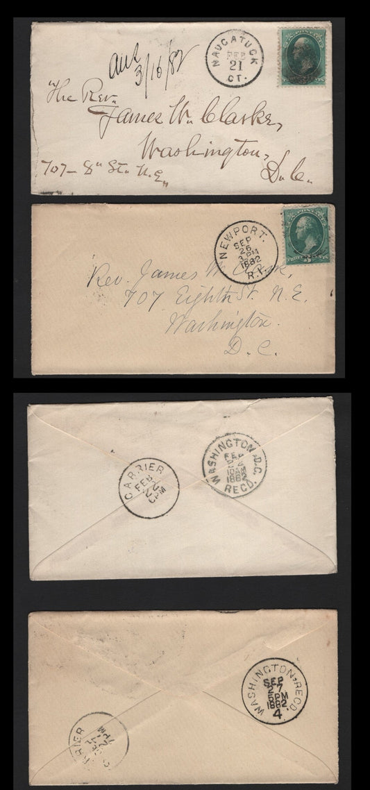 Lot 91 United States SC#207 3c Blue Green , 1881-1882 American Banknote Printing Issue, 2 Very Fine Used Covers, 1882 & 1883 Covers To Washington DC Sent From Newport, RI & Naugatuck, CT, Numeral & Smudges Duplexes