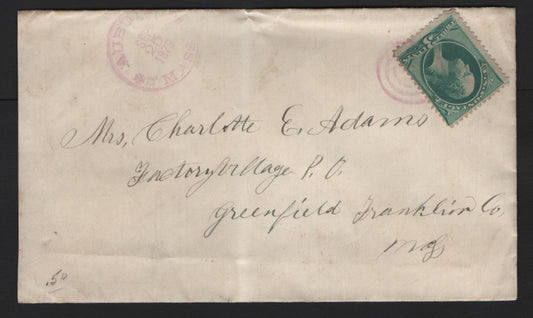 Lot 94 United States SC#184 3c Green , 1879 American Banknote Printing Issue, A Fine Used Cover, ABN Printing, Auburn, Mass To Maryland, Stamp Is Tied By Faint Scarcer Purple Auburn Mass Duplex Cancel.