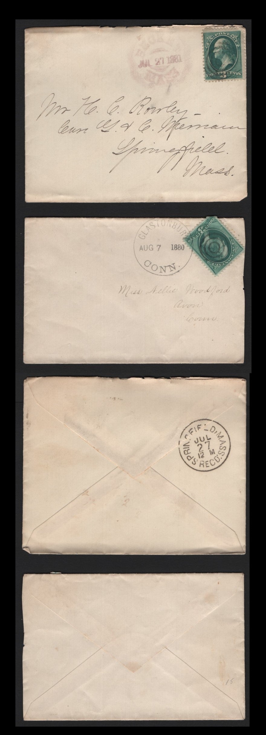 Lot 95 United States SC#184 3c Green , 1879 American Banknote Printing Issue, 2 Fine/Very Fine Used Covers, ABN Printing, 1880-1881 Printings, Featuring Scarcer Purple Becke, Mass Rubber Duplex & Glasonburg Conn Cancels