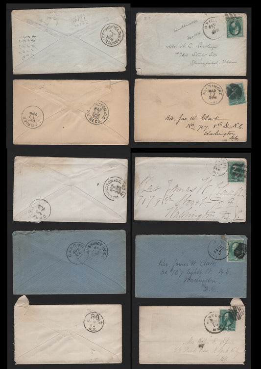 Lot 99 United States SC#207 3c Blue Green , 1881-1882 American Banknote Printing Issue, 5 Fine Used Covers, All Stamps Cancelled By Cork, Smudge & Circle Of Wedges Duplex Cancels