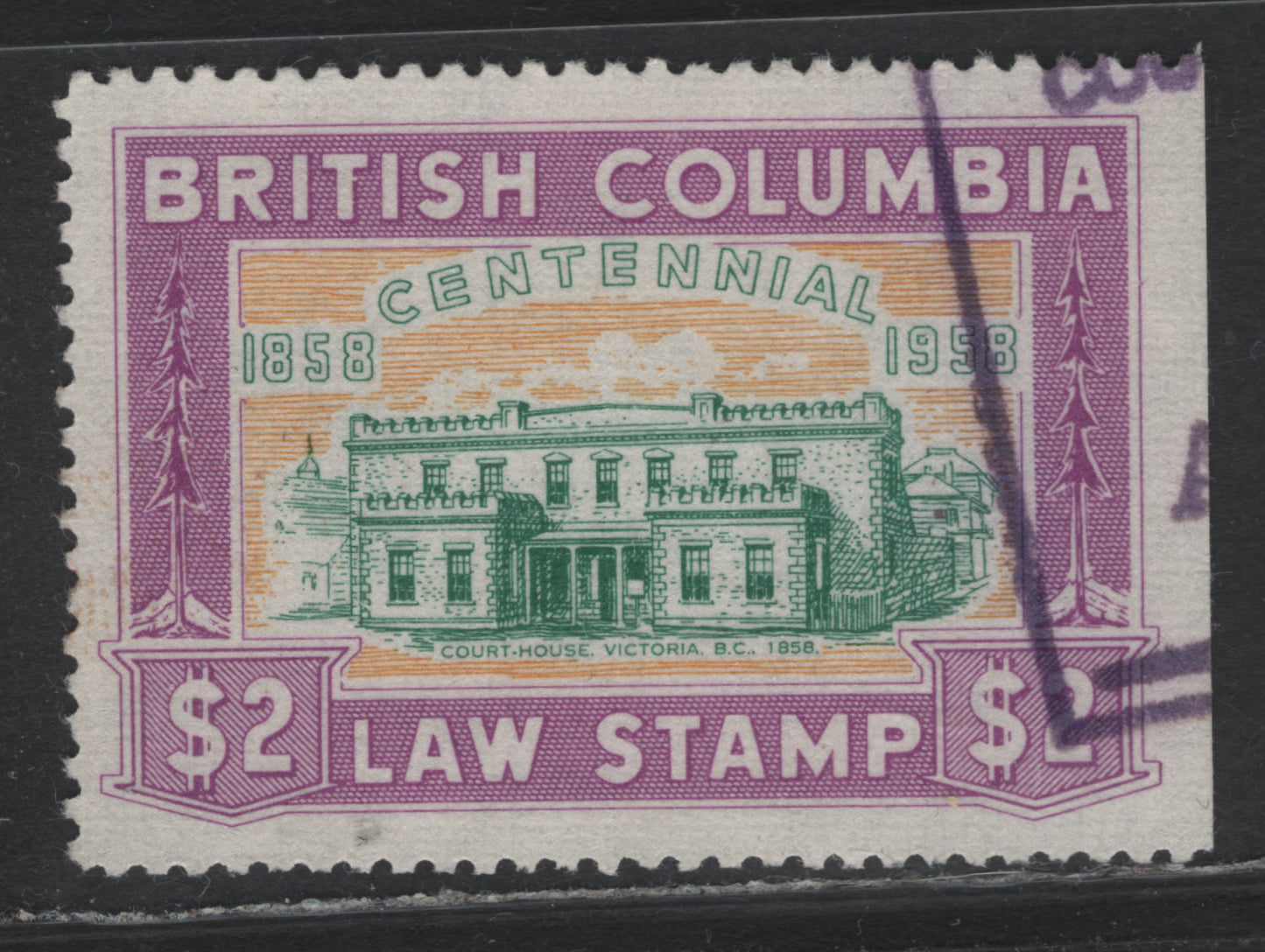 Lot 10 Canada - BC (C) Van Dam#BCL50 $2 Magenta, Orange & Green, 1958 Centennial Issue, A Very Fine Used Single, Province Of British Columbia