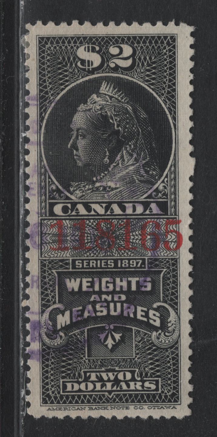 Lot 102 Canada Van Dam#FWM44 $2 Black, 1885 Crown Weights & Measures Issue, A Fine Used Single, Red Control Number, Nice Used Example With Jumbo Margins, Small Internal Crease.