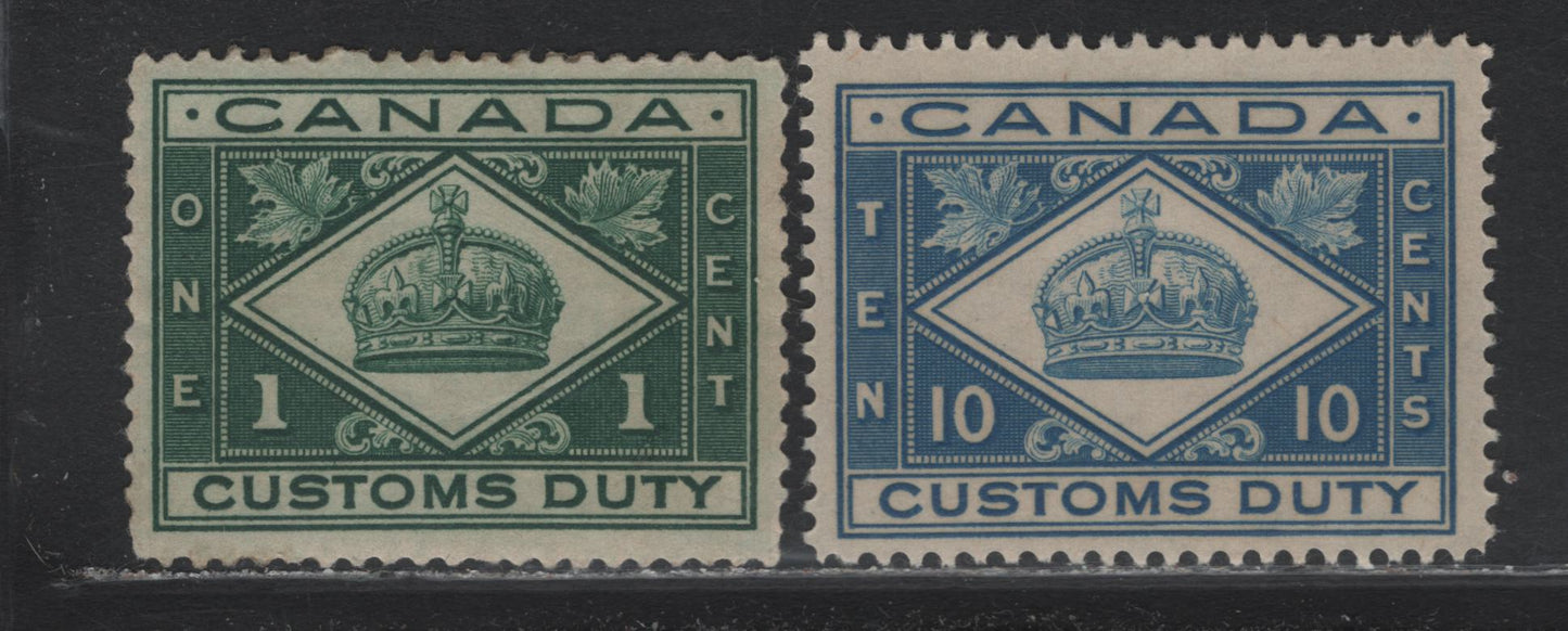 Lot 104 Canada Van Dam#FCD1, FCD4 1c - 10c Green - Blue, 1914-1935 Crown Design Cutoms Duty Issue, 2 VFNH Singles, 1c Wet Printing, 10c Dry