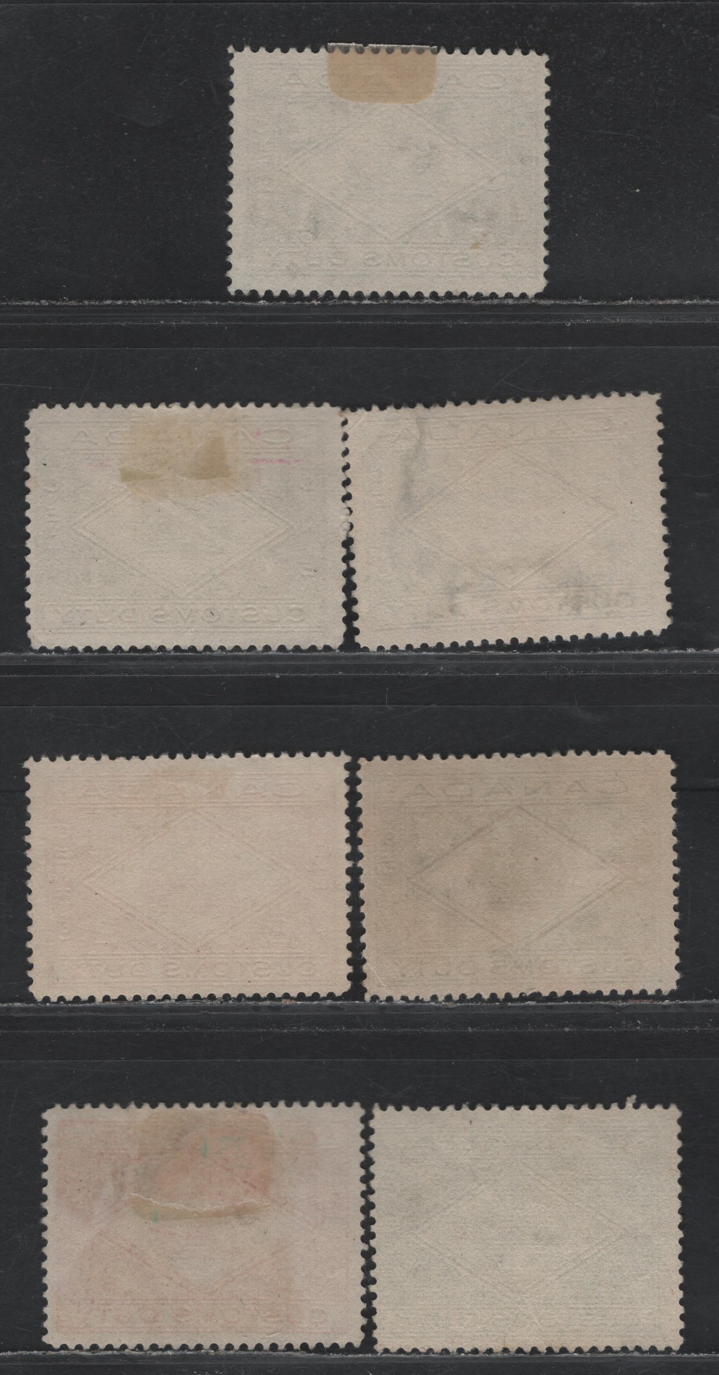 Lot 105 Canada (C) Van Dam#FCD1-2, FCD4 1c - 2c Deep Green - Salmon, 1914-1935 Crown Design Cutoms Duty Issue, 7 F/VFOG Singles, 1c Deep Green & 10c Blue Green Wet Printings, Rest Water