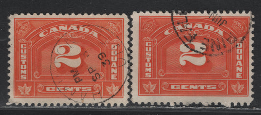 Lot 110 Canada Van Dam#FCD7 2c Orange, 1935 Bilingual Customs Duty Issue, 2 Fine/Very Fine Used Singles, Sept 3 1939 Postal Cancel, Scarse As These Were Not Intended For Postal Use, Also A Second Example With Pine Falls Cancel In Deeper Shade.