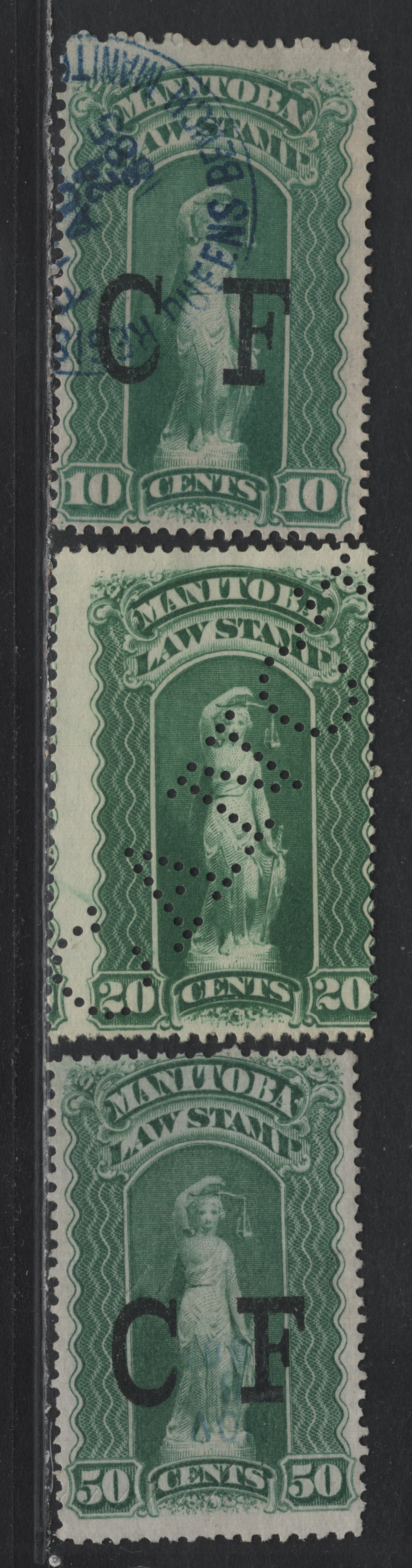 Lot 11 Canada - Manitoba Van Dam#ML7, ML10, ML105 10c-50c Green, 1877-1892 CF Overprinted Law - Nince Scallops Law Issues, 3 Fine Used Singles, Province Of Manitoba