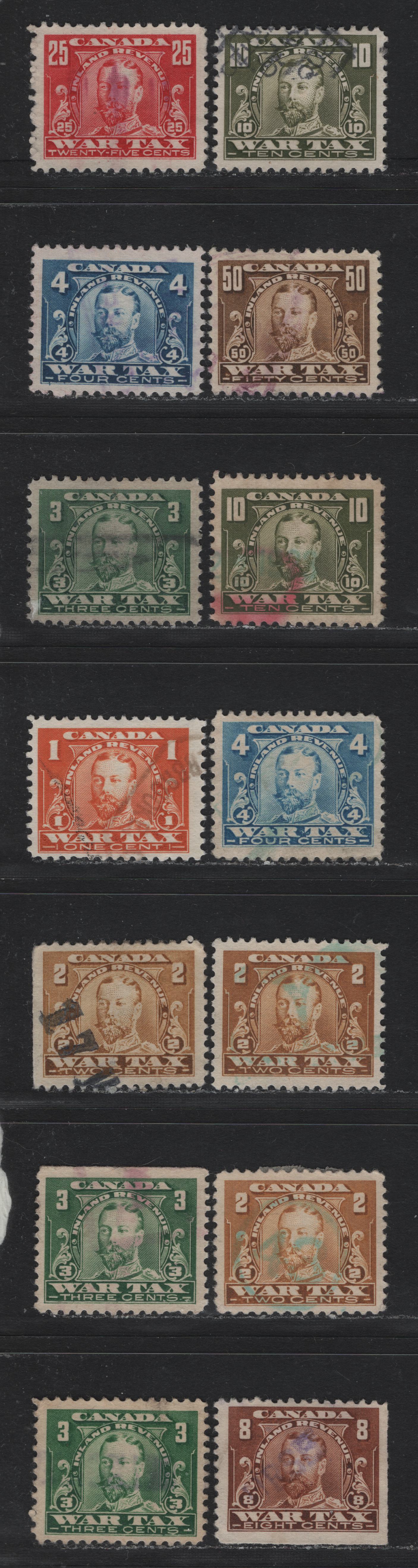 Lot 116 Canada Van Dam#FWT7-10, FWT12-13,FWT15-16 1c - 50c Orange - Brown, 1920 KGV Wartax Issue, 13 Very Fine Used Singles, Selection With Shade Varieties