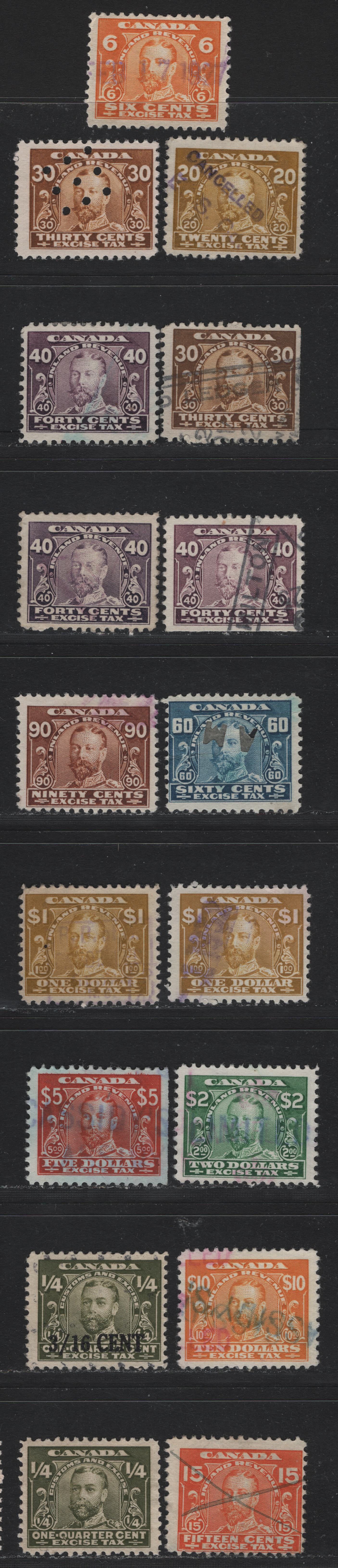 Lot 118 Canada Van Dam#FX1. FX3, FX6-9, FX13-15, FX18-19, FX21FX35 6c - $10 Orange - Orange Yellow, 1915-1923 Excise Tax & Surcharged Issues, 17 Fine/Very Fine Used Singles, Some Extra Shades Of 30c, 40c & $1