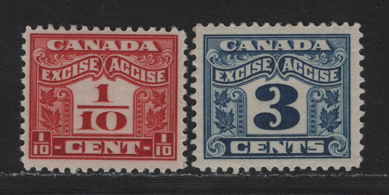 Lot 120 Canada Van Dam#FX34, FX38 1/10c - 3c Carmine - Blue, 1925-1928 Two Leaf Excise Tax Issue, 2 VFOG Singles, Dry Printings, 3c Having Jumbo Margins