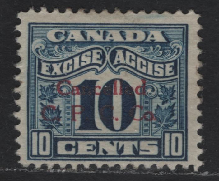 Lot 122 Canada Van Dam#FX42var 10c Dark Blue, 1925-1928 Two Leaf Excise Tax Issue, A FOG Single, Dry Printing, Red Canada Playing Card Precancel Overprint