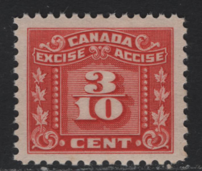 Lot 123 Canada Van Dam#FX58 3/10c Red, 1925-1928 Two Leaf Excise Tax Issue, A VFOG Single, Brownish Cream Semi Glossy Gum, Very Well Centered With Gigantic Margins For A BABN Printing