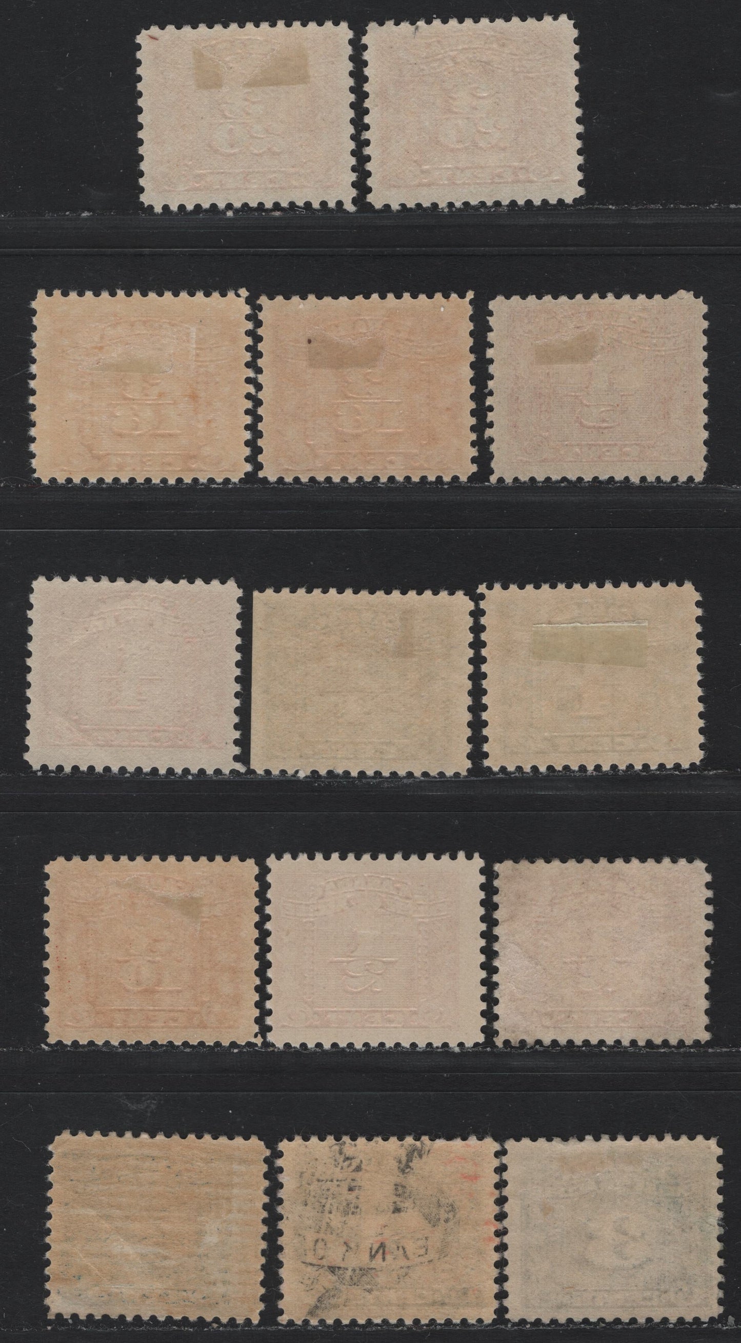 Lot 124 Canada Van Dam#FX52-54, FX56-58, FX60, FX64 3/20c - 3c Red - Blue, 1925-1928 Two Leaf Excise Tax Issue, 14 F/VFOG Singles, Variety of Shades & Papers, Including Scarcer Rolling Press 3c, Most All Of These Are Flat Plate Printings.