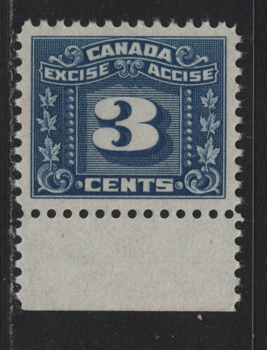 Lot 126 Canada Van Dam#FX64 3c Blue, 1925-1928 Two Leaf Excise Tax Issue, A SUPNH Single, Yellowish Semi Glossy Gum, Superbly Centered NH Example, Almost Perfectly Centered