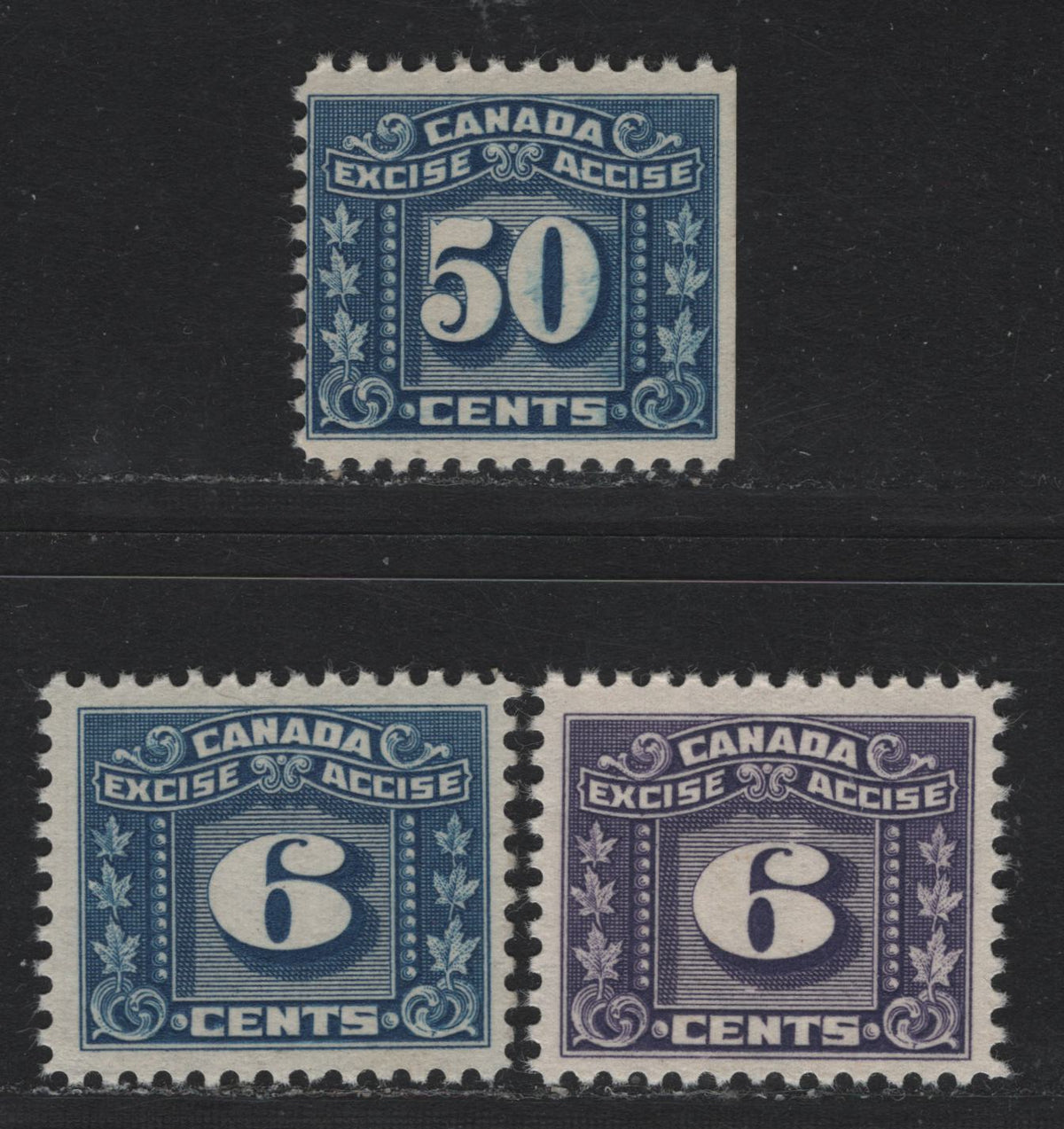 Lot 89 Canada Van Dam#FX67-68, FX80 6c - 50c Blue, 1925-1928 Two Leaf Excise Tax Issue, 3 FNH Singles, All With Cream Gum