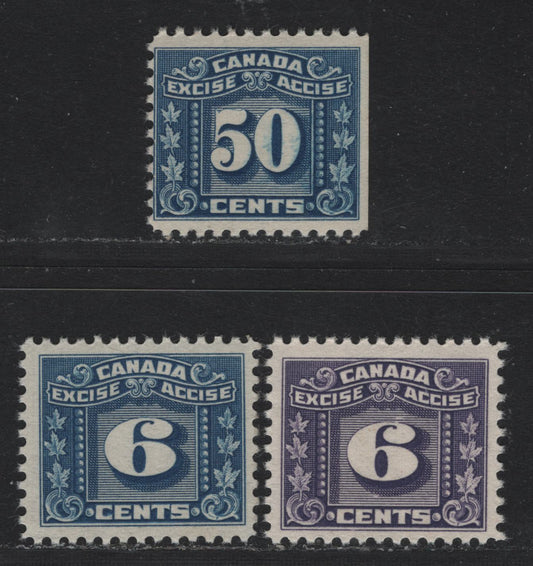 Lot 127 Canada Van Dam#FX67-68, FX80 6c - 50c Blue, 1925-1928 Two Leaf Excise Tax Issue, 3 FNH Singles, All With Cream Gum