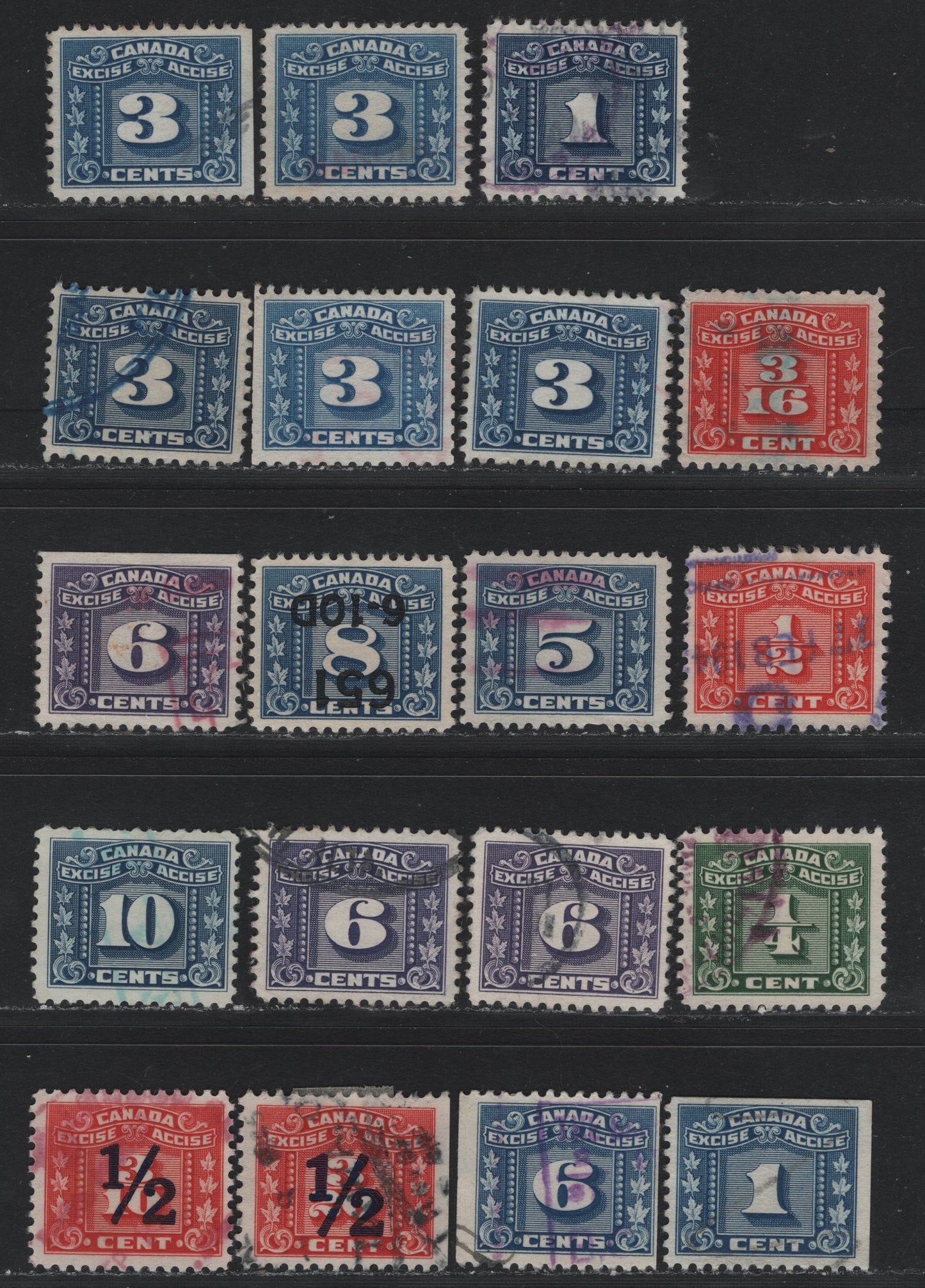 Lot 129 Canada Van Dam#FX53, FX57, FX60-61, FX64,FX66, FF68-69, FX107, FX109 3/16c - 1/2c on 3/10c Red, 1932-1948 Three Leaf Excise Tax Issue, 19 Fine/Very Fine Used Singles, Some Shade Variations