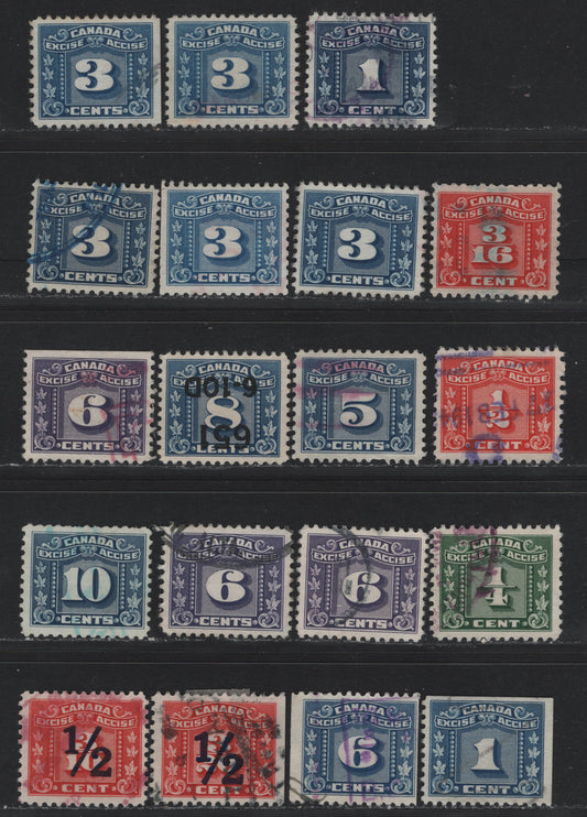 Lot 129 Canada Van Dam#FX53, FX57, FX60-61, FX64,FX66, FF68-69, FX107, FX109 3/16c - 1/2c on 3/10c Red, 1932-1948 Three Leaf Excise Tax Issue, 19 Fine/Very Fine Used Singles, Some Shade Variations
