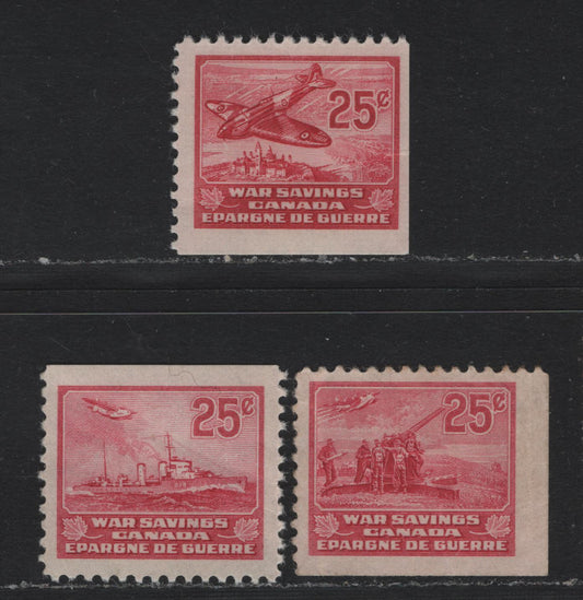 Lot 132 Canada (C) Van Dam#FWS6, FWS9, FWS14 25c Carmine - Carmine Rose, 1940-1941 War Savings Issue, 3 G/VG/FNH Singles, All NH But With Light To Moderate Creases