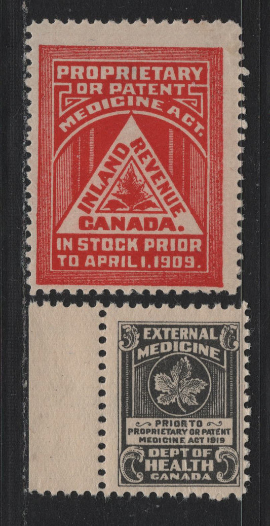 Lot 133 Canada Van Dam#FM1-2, 1909-1919 Medicine Stamp Issue, 2 FNH/OG Singles, The 1919 Issue Is NH But Has A Small Gum Crease