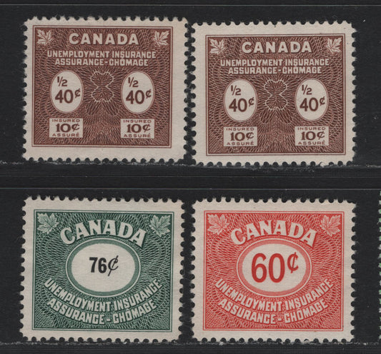 Lot 135 Canada (C) Van Dam#FU41, FU75-75 60c - 76c Vermillion - Blue Green, 1955-1960 Unemployment Insurance Issue, 4 Fine/Very Fine Unused Singles, All Unused With No Gum, Includes 2 Shades Of the 40c
