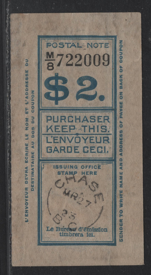 Lot 137 Canada  Postal Note Receipt With Chase BC Cancel, Dated March 27 1923, These Were Retained By The Sender Of Postal Notes.