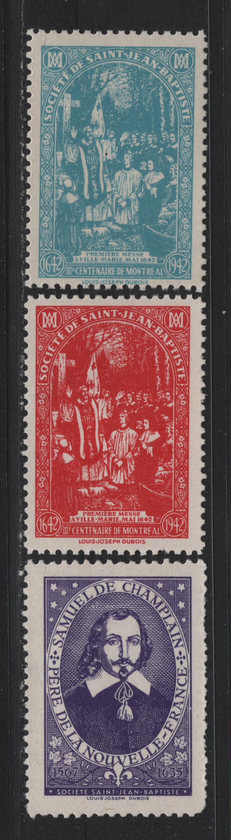 Lot 140 Canada (C) Lafreniere 1942-1945 Saint-Jean Baptiste Society Labels, 3 F/VFOG Singles
