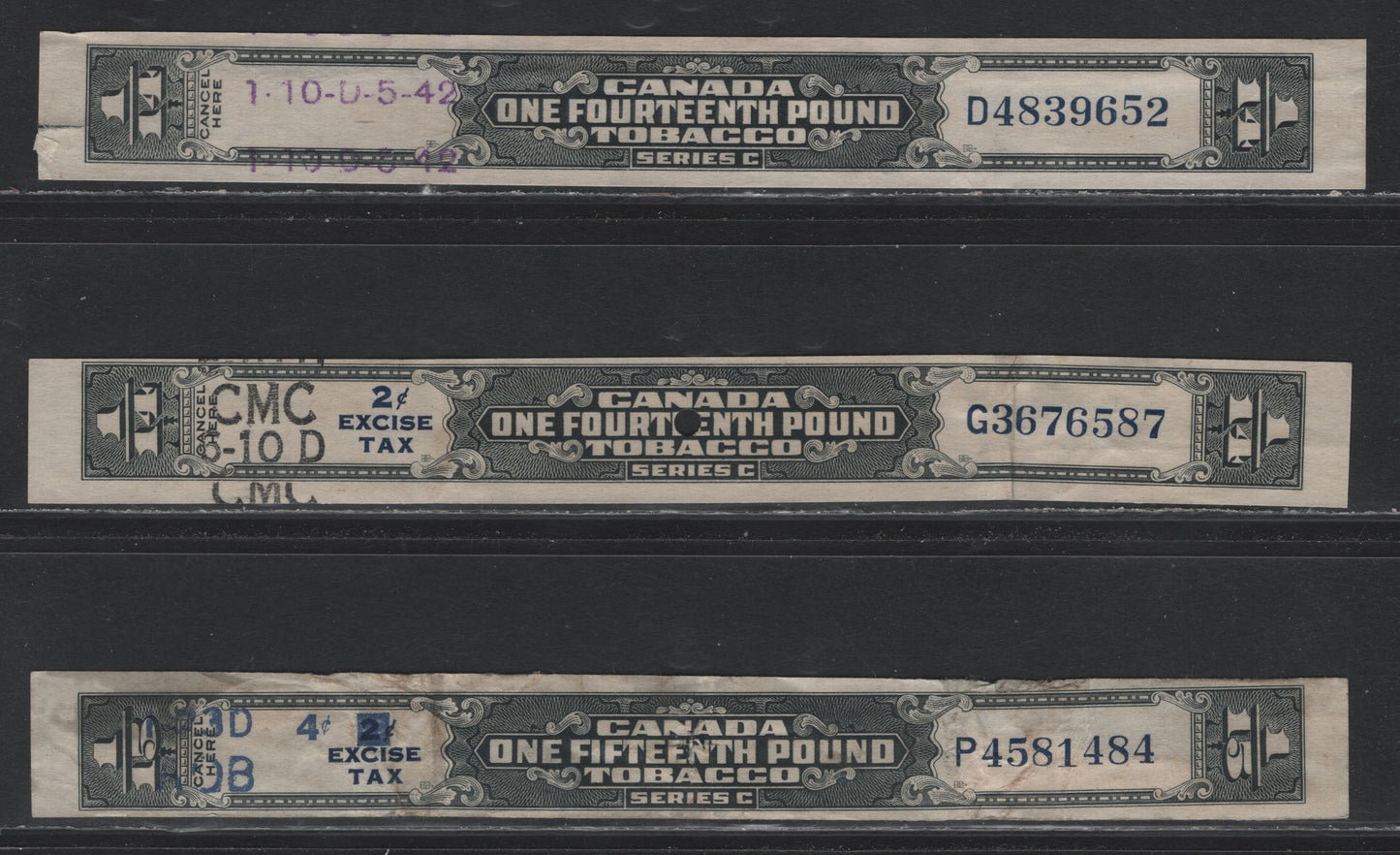 Lot 150 Canada Ryan#RP879, RP1170, RP1252 1/14lb, 2c on 1/14lb & 4c on 2c on 1/15lb Black, 1935-1942 Series C Tobacco Stamps, 3 VG/FOG Singles, Moderate Creasing On 1/14lb, Extensive Creasing On 1/15lb